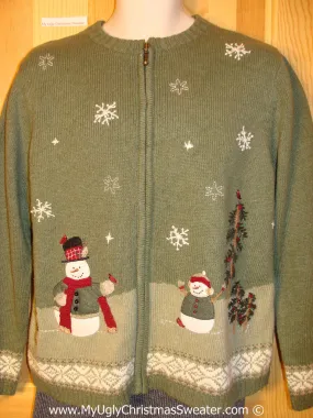 Green Tacky Christmas Sweater with Snowmen and Winter Scene  (f1303)