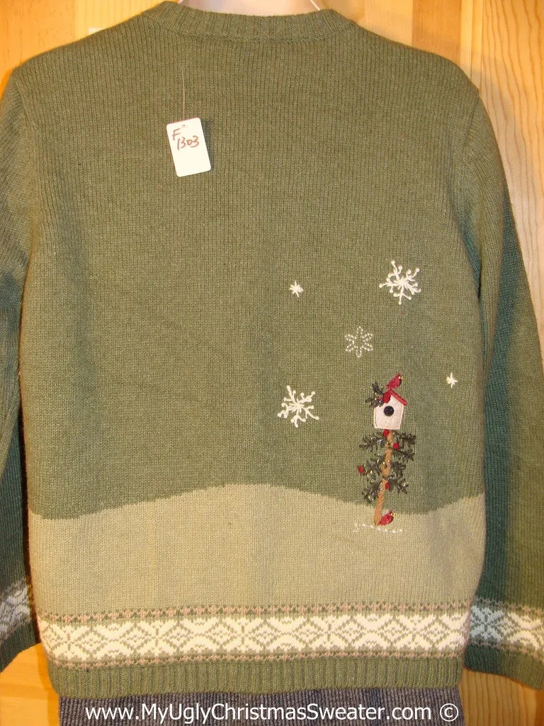 Green Tacky Christmas Sweater with Snowmen and Winter Scene  (f1303)