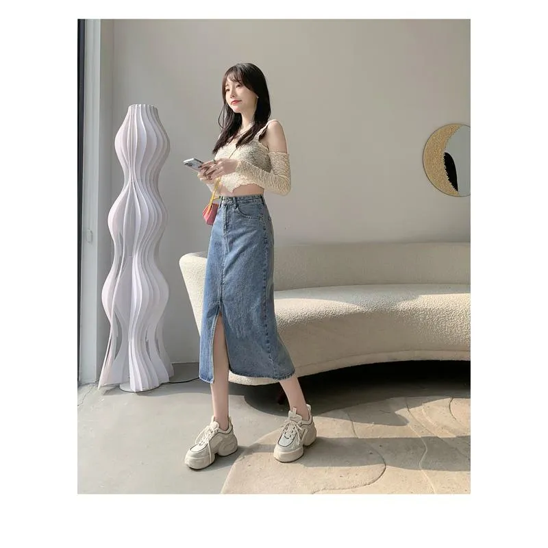 High-Waisted Split Hem Front Midi Denim Skirt