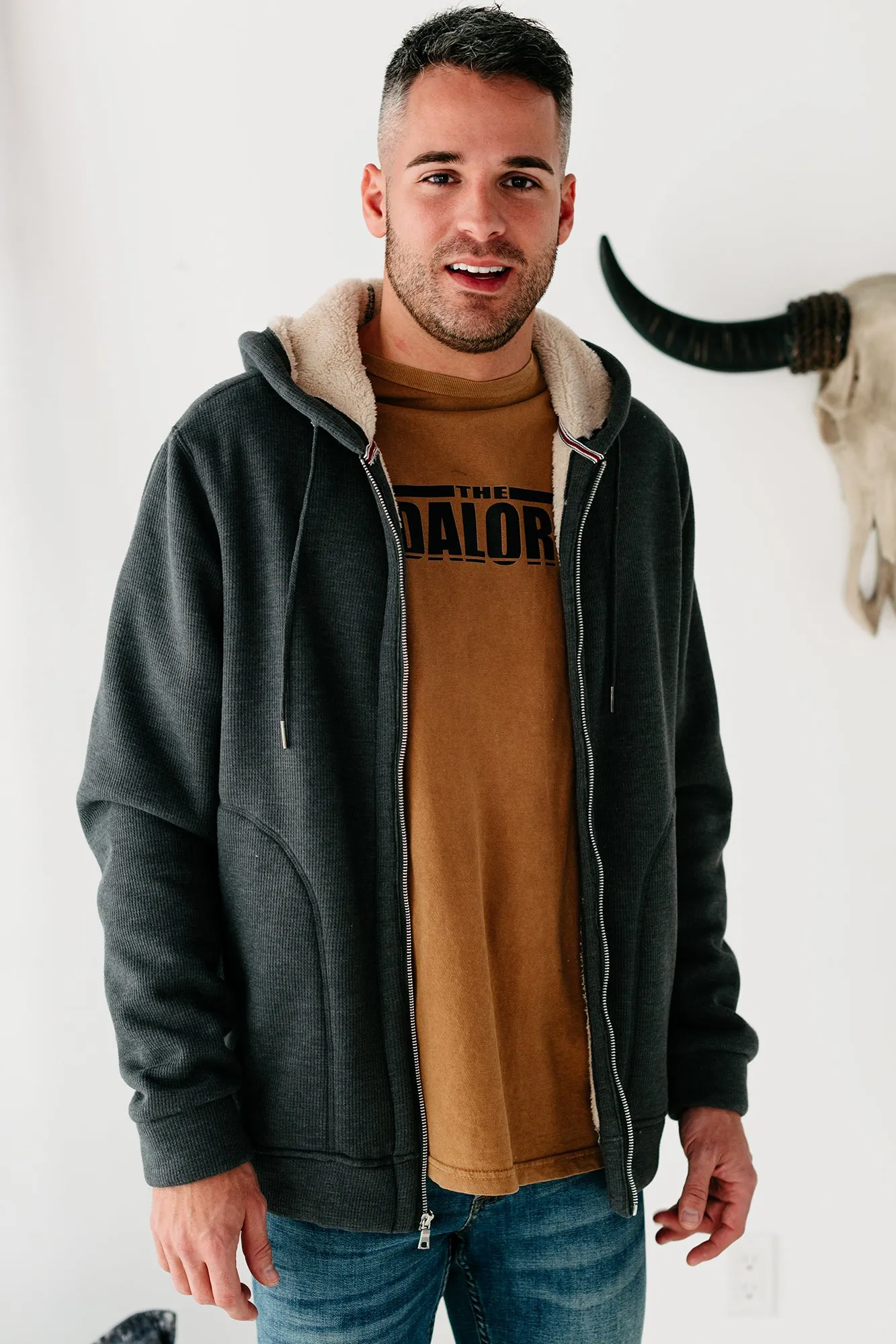 Jace Sherpa Lined Zippered Hoodie (Charcoal)