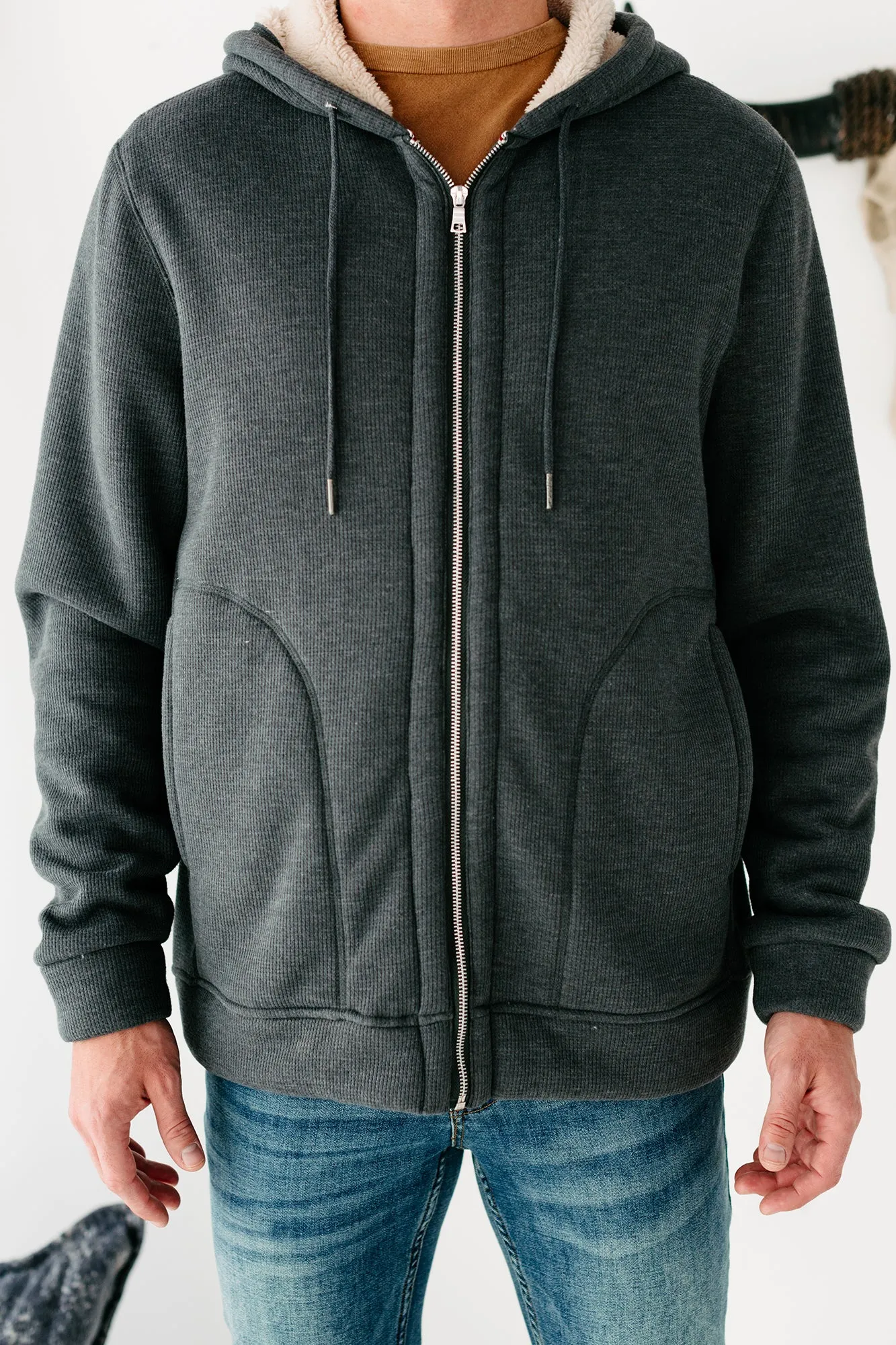 Jace Sherpa Lined Zippered Hoodie (Charcoal)