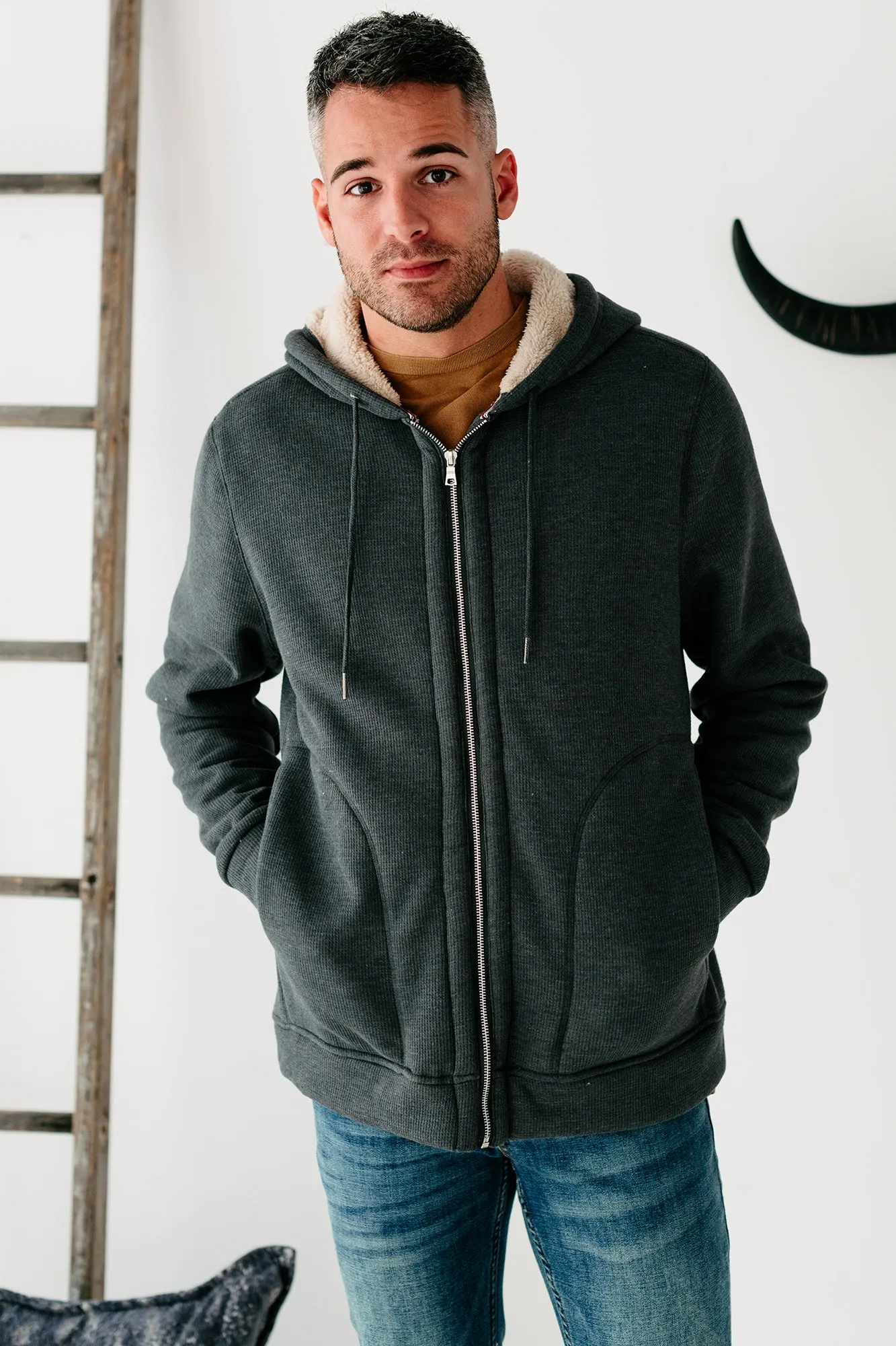 Jace Sherpa Lined Zippered Hoodie (Charcoal)