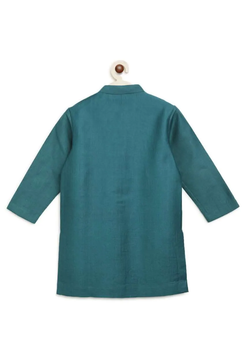 Kalki Boys Teal Kurta Set With Elephant Motifs And Green Nehru Jacket With Kantha Work By Tiber Taber