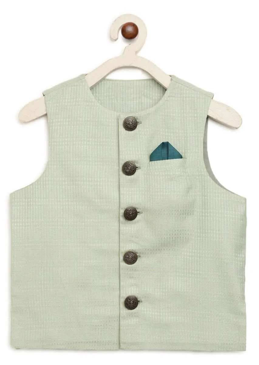 Kalki Boys Teal Kurta Set With Elephant Motifs And Green Nehru Jacket With Kantha Work By Tiber Taber