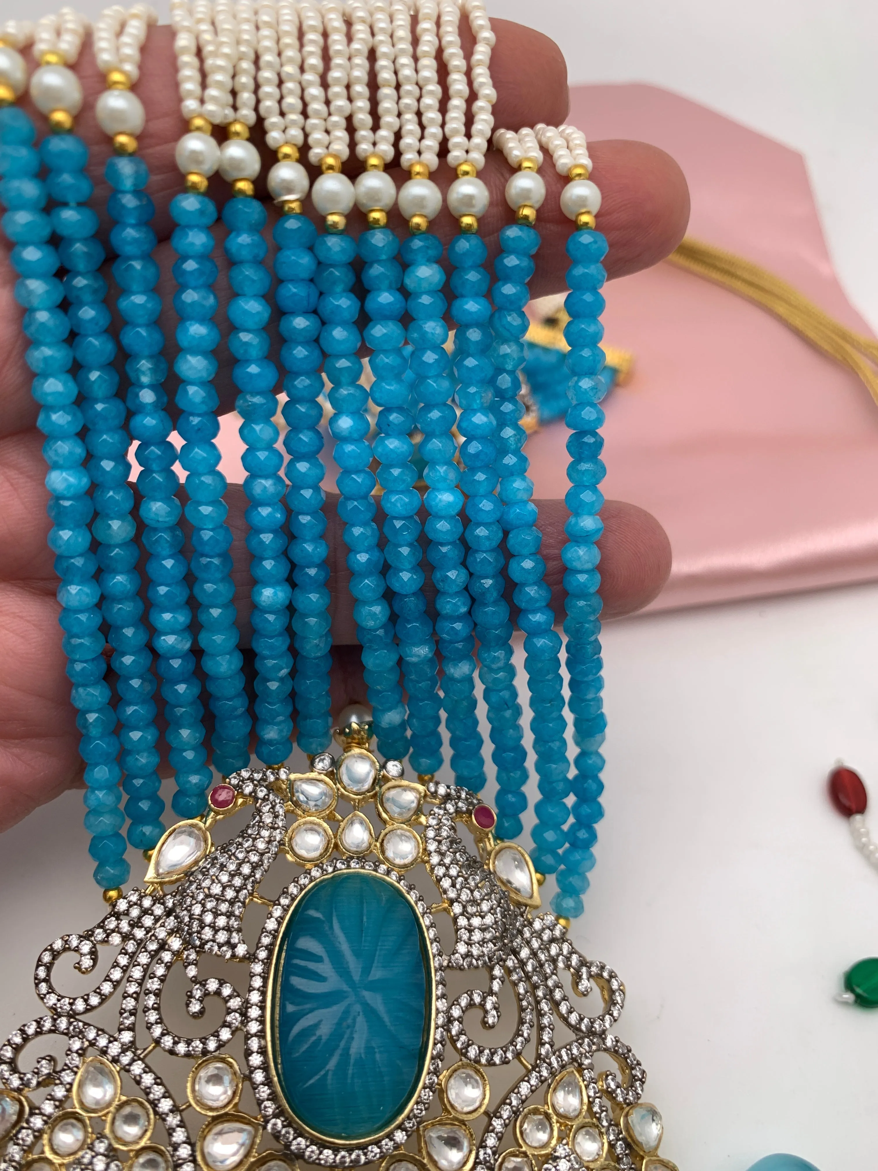 Kundan Teal Stone Dual Tone Pendent Teal Blue Beads and Pearls Mala