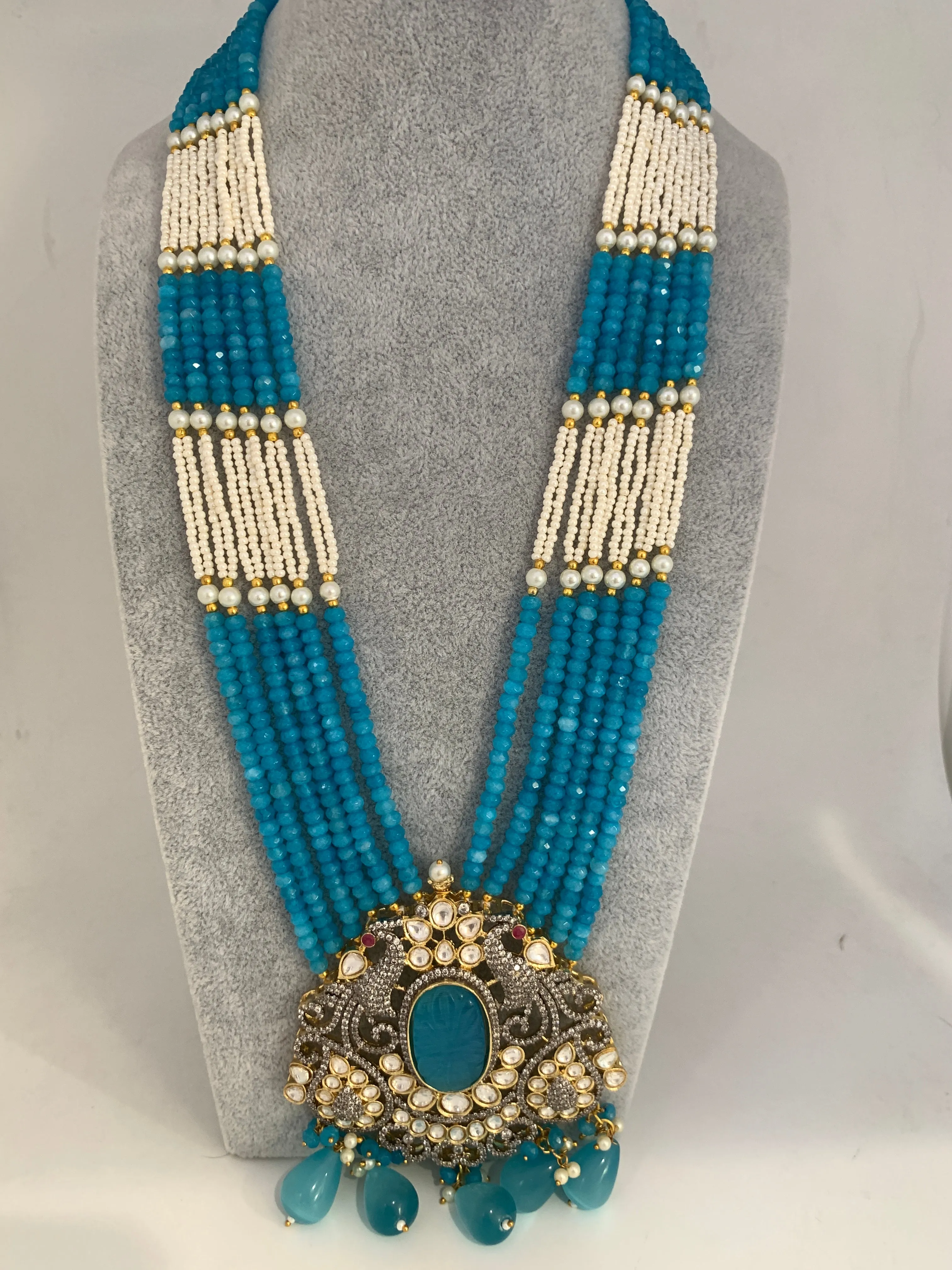 Kundan Teal Stone Dual Tone Pendent Teal Blue Beads and Pearls Mala