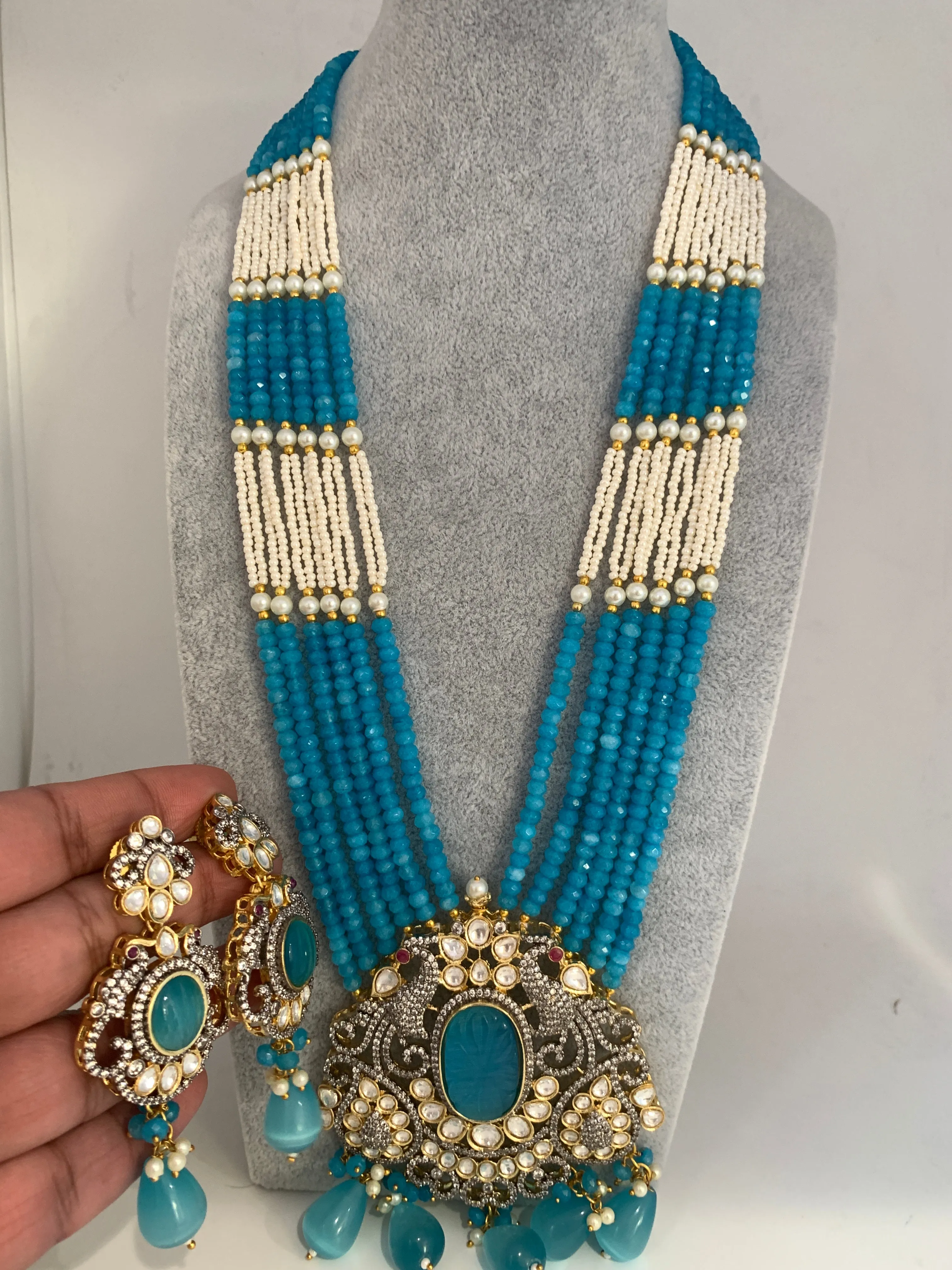 Kundan Teal Stone Dual Tone Pendent Teal Blue Beads and Pearls Mala