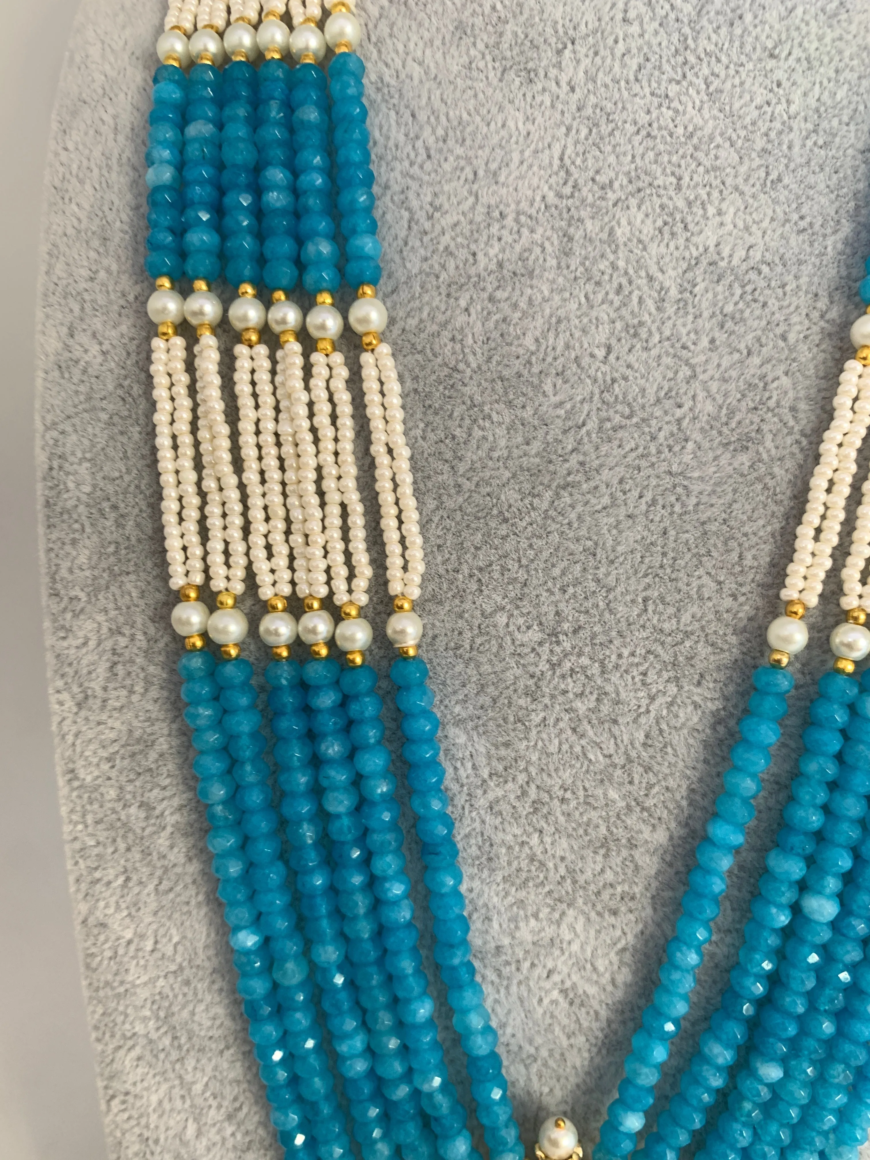 Kundan Teal Stone Dual Tone Pendent Teal Blue Beads and Pearls Mala