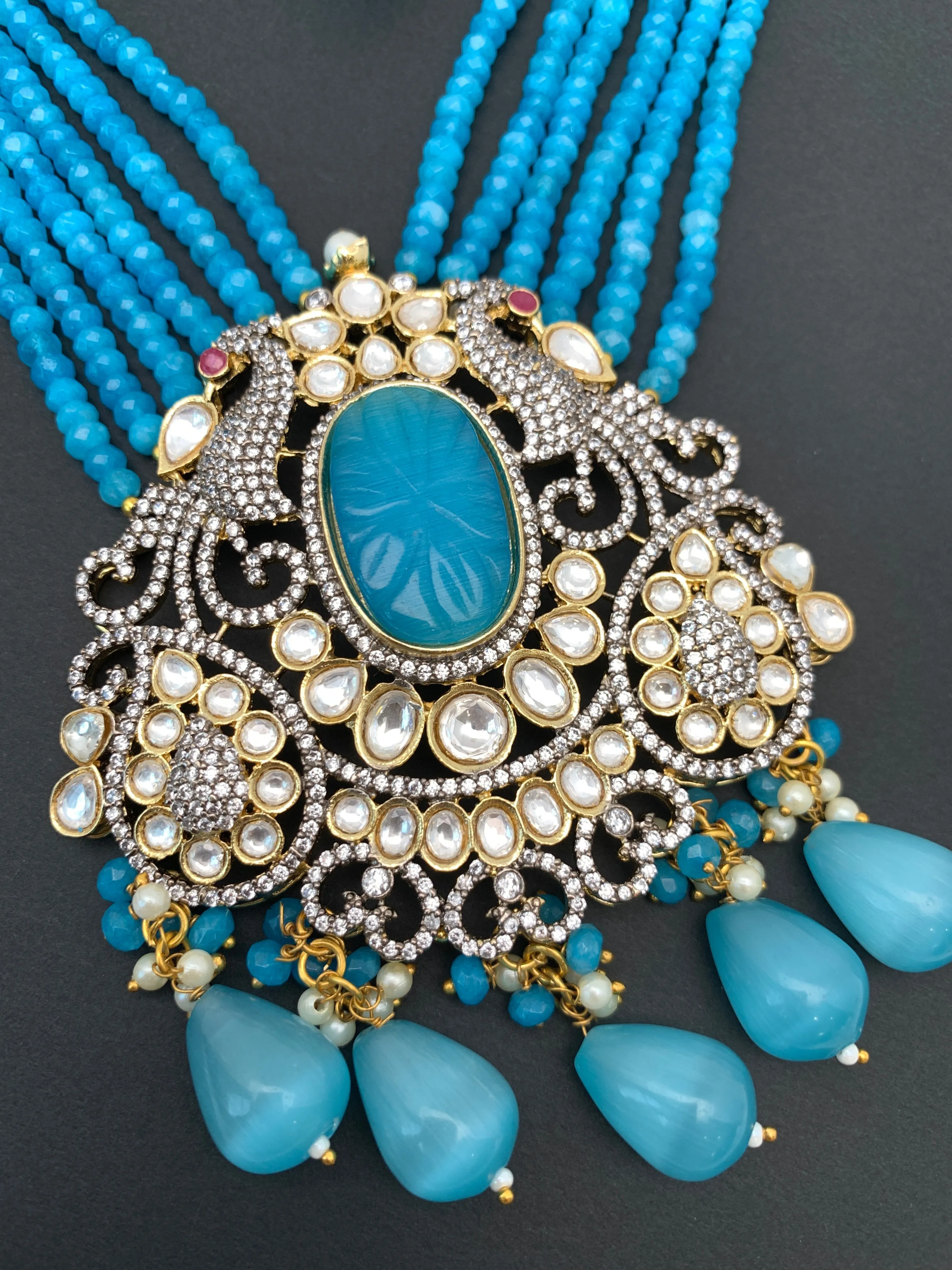 Kundan Teal Stone Dual Tone Pendent Teal Blue Beads and Pearls Mala