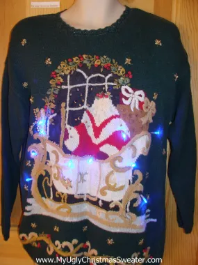 Light Up Ugly Xmas Sweater 80s Santa Ornate Sleigh