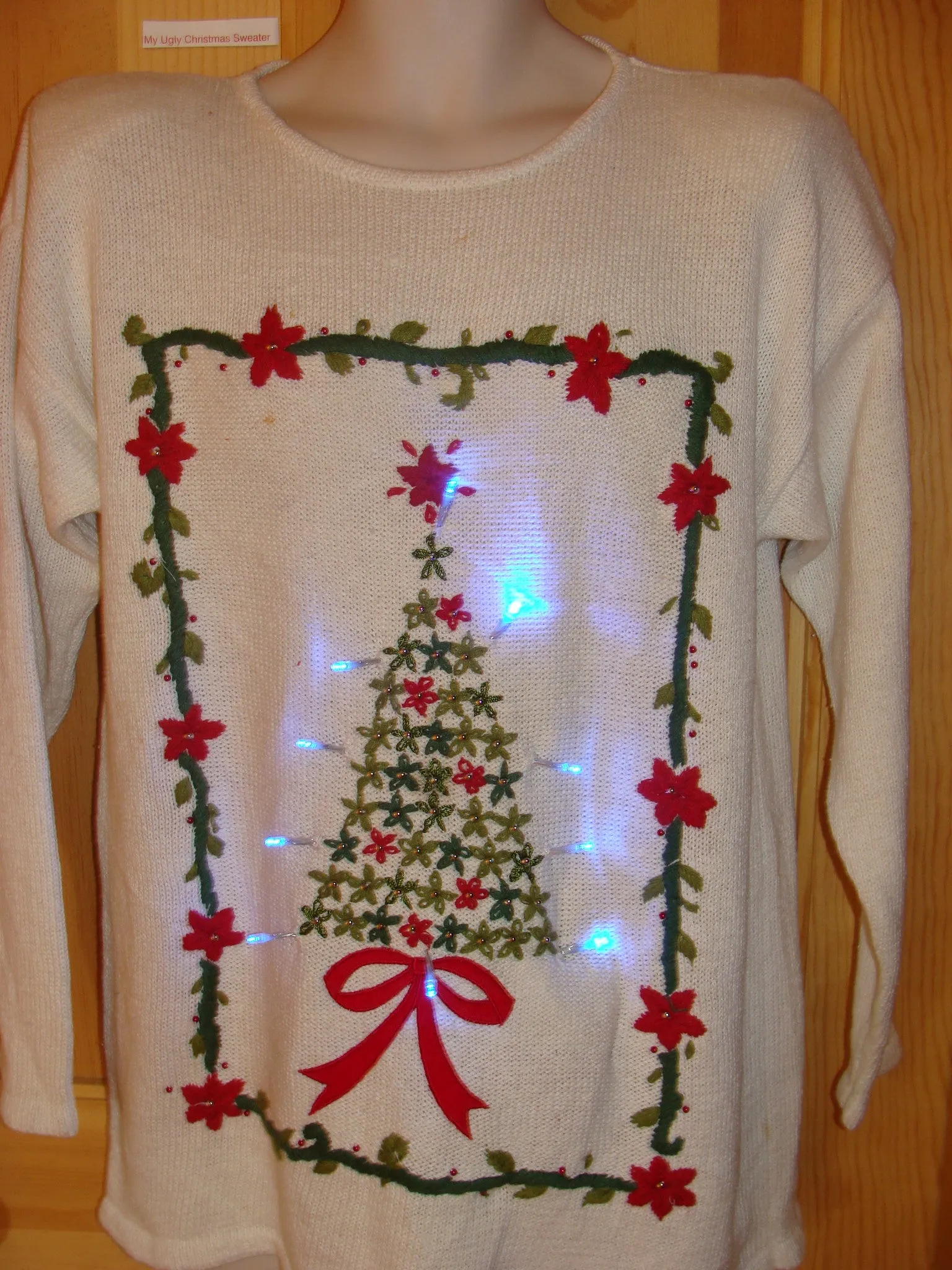 Light Up Ugly Xmas Sweater 80s Tree and Poinsettia