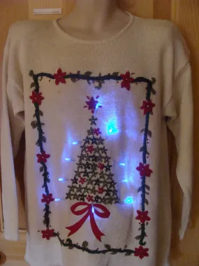 Light Up Ugly Xmas Sweater 80s Tree and Poinsettia