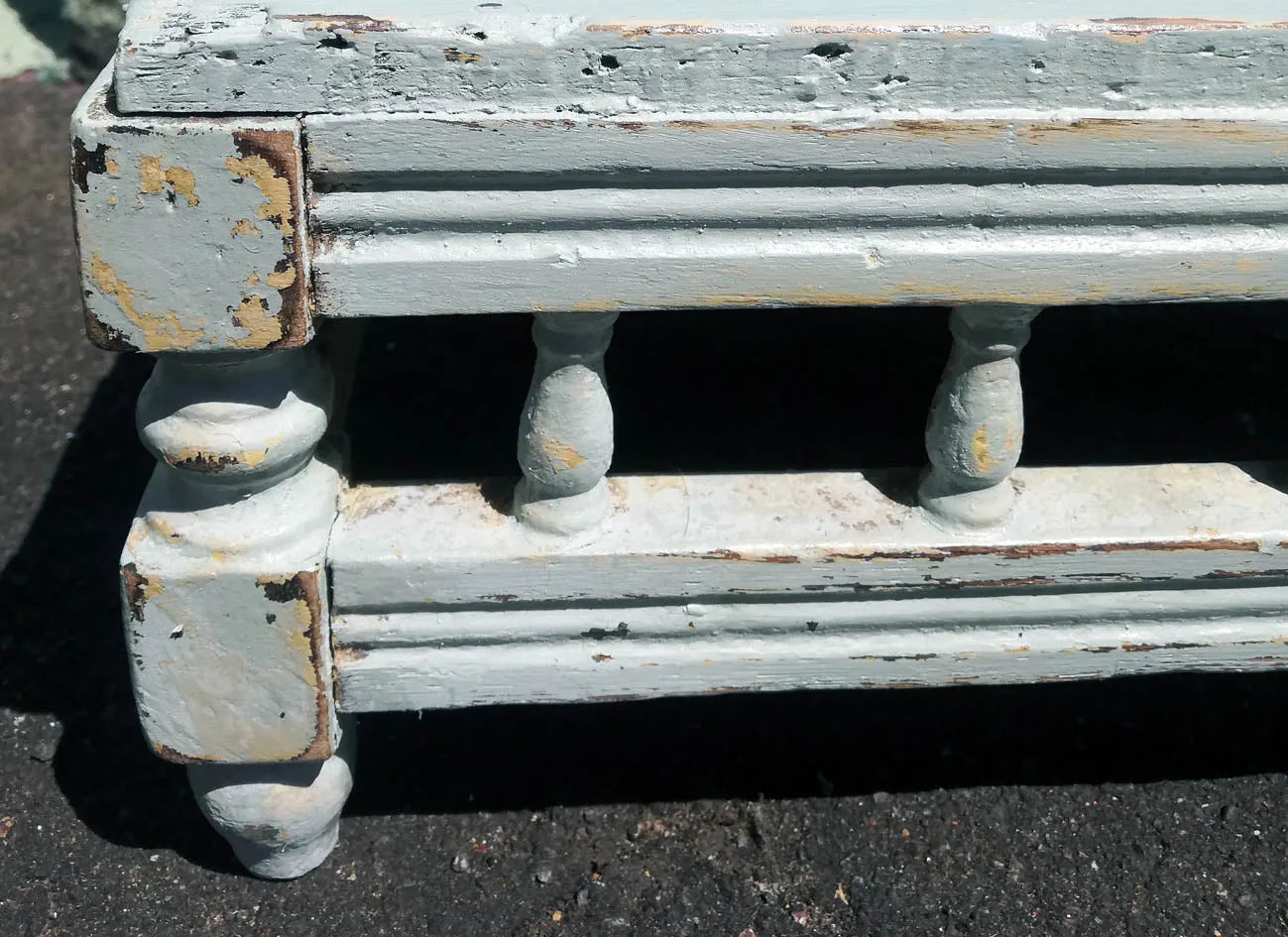 Little step stool painted in chippy layers of Miss Mustard Milk Paint