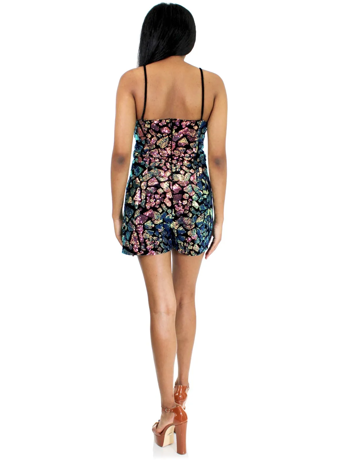 Marc Defang 6010 size 6 Black Multi Romper iridescent sequins detachable satin overskirt fun fashion