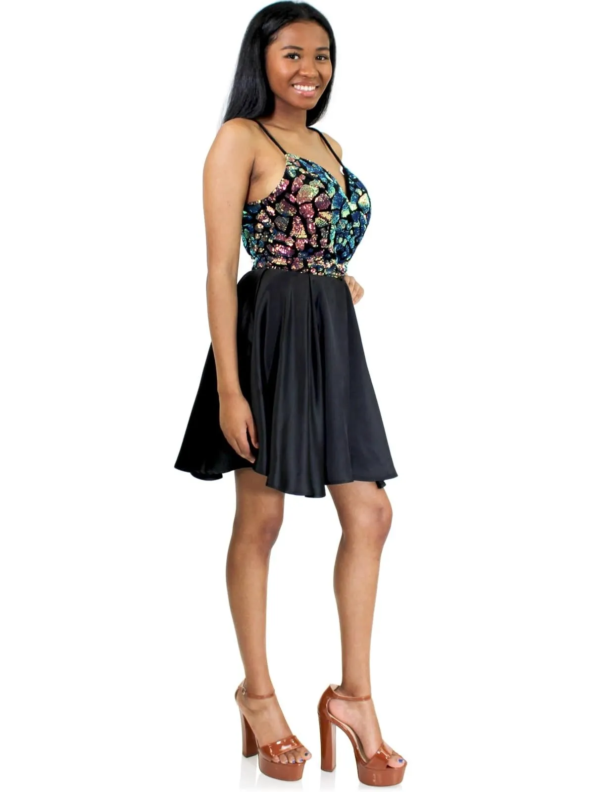 Marc Defang 6010 size 6 Black Multi Romper iridescent sequins detachable satin overskirt fun fashion