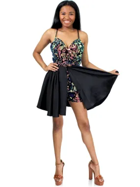 Marc Defang 6010 size 6 Black Multi Romper iridescent sequins detachable satin overskirt fun fashion