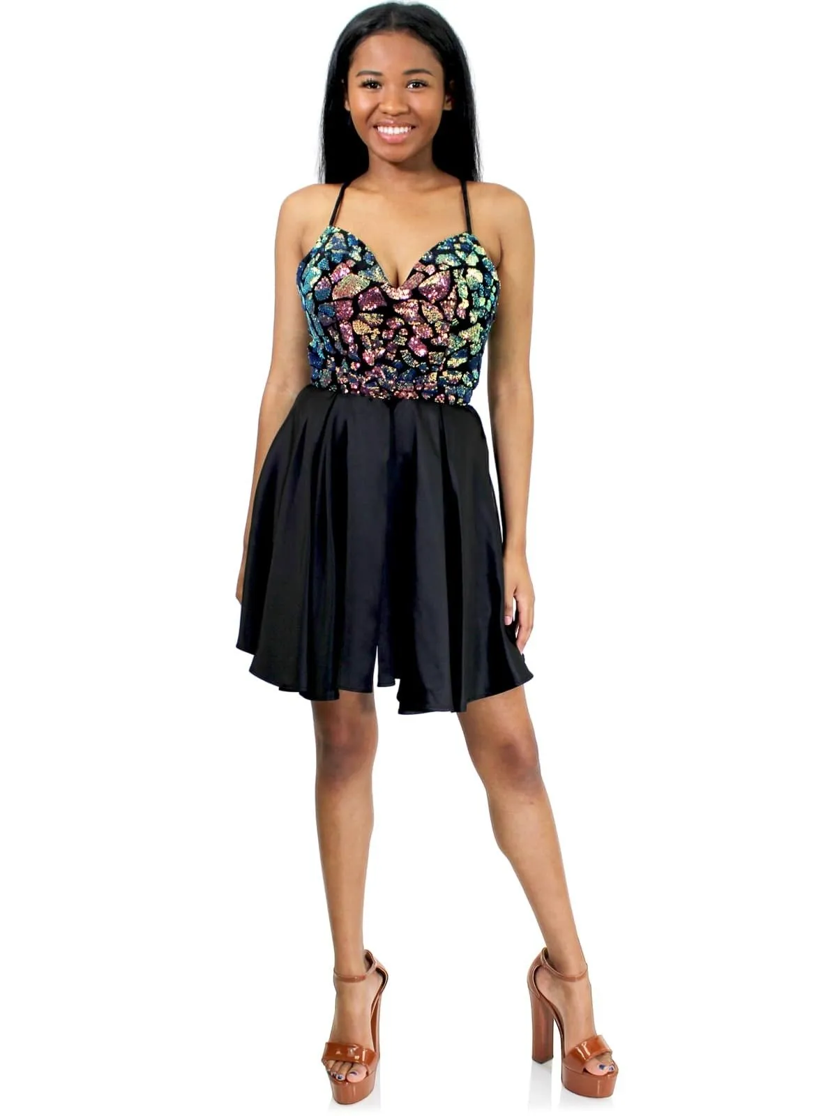 Marc Defang 6010 size 6 Black Multi Romper iridescent sequins detachable satin overskirt fun fashion