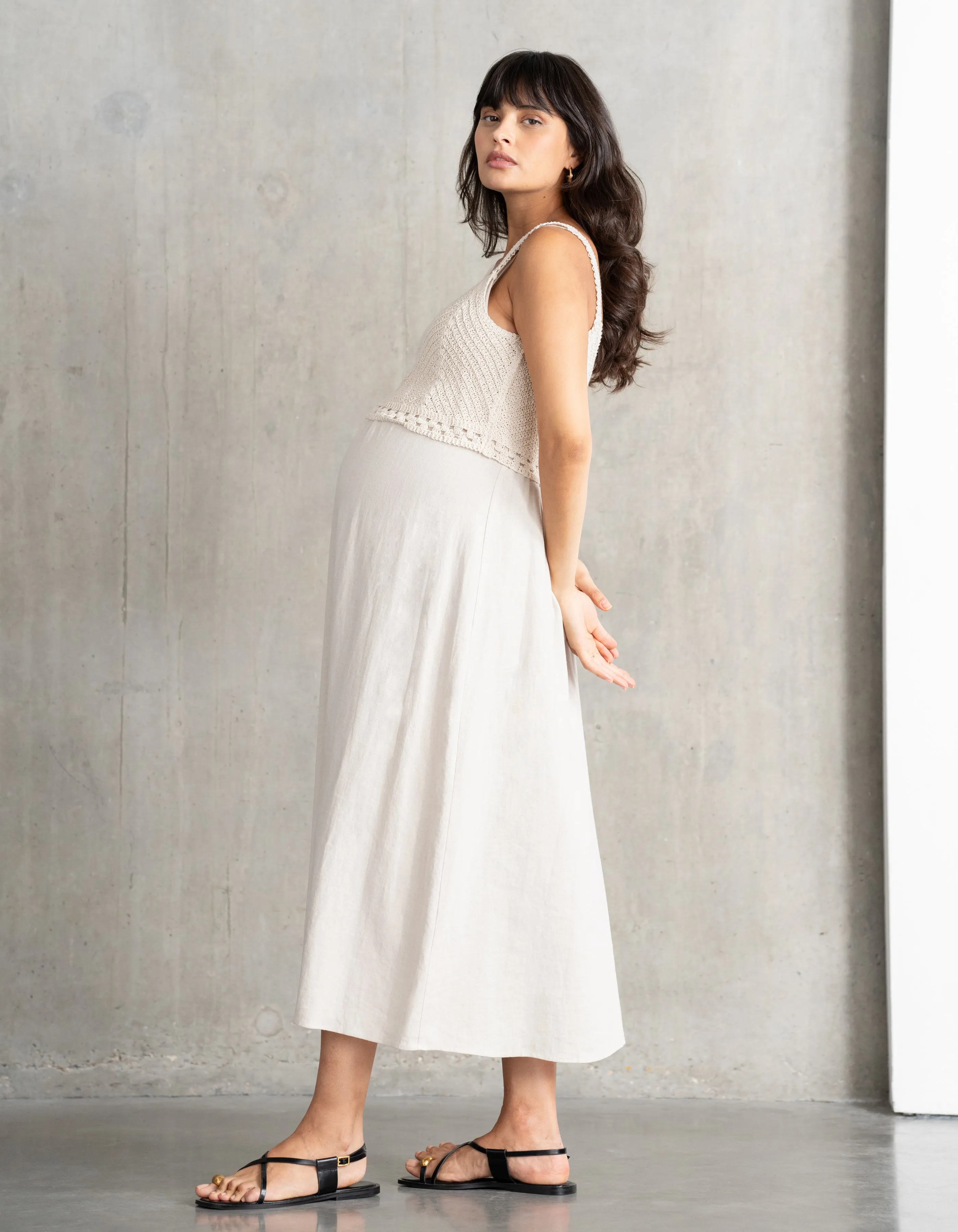 Midi-Length Maternity-to-Nursing Dress with Crochet-Look Top