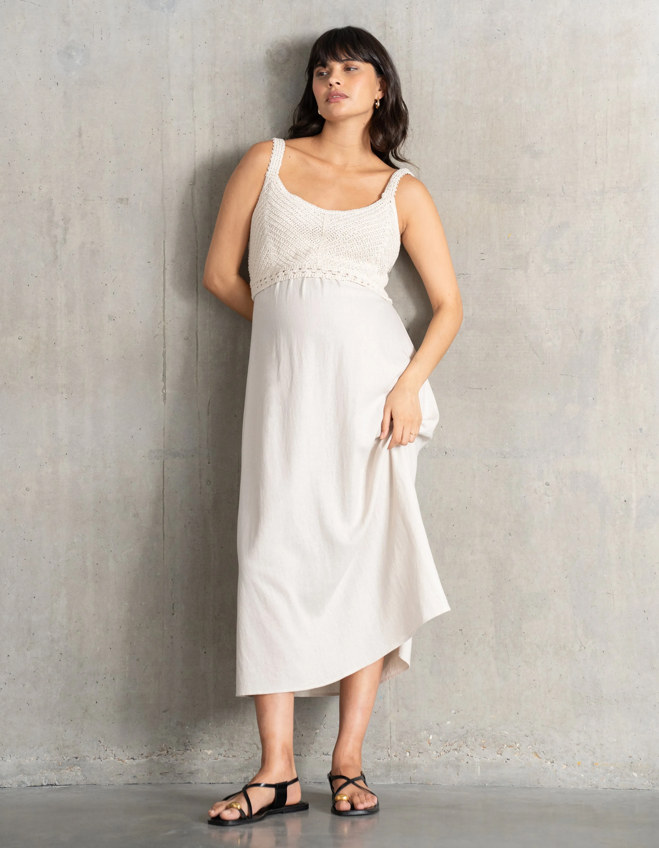 Midi-Length Maternity-to-Nursing Dress with Crochet-Look Top