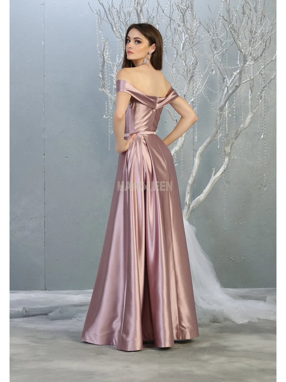 MQ 1781 - Off the Shoulder Satin A-Line Prom Gown with Pleated Skirt & Leg Slit