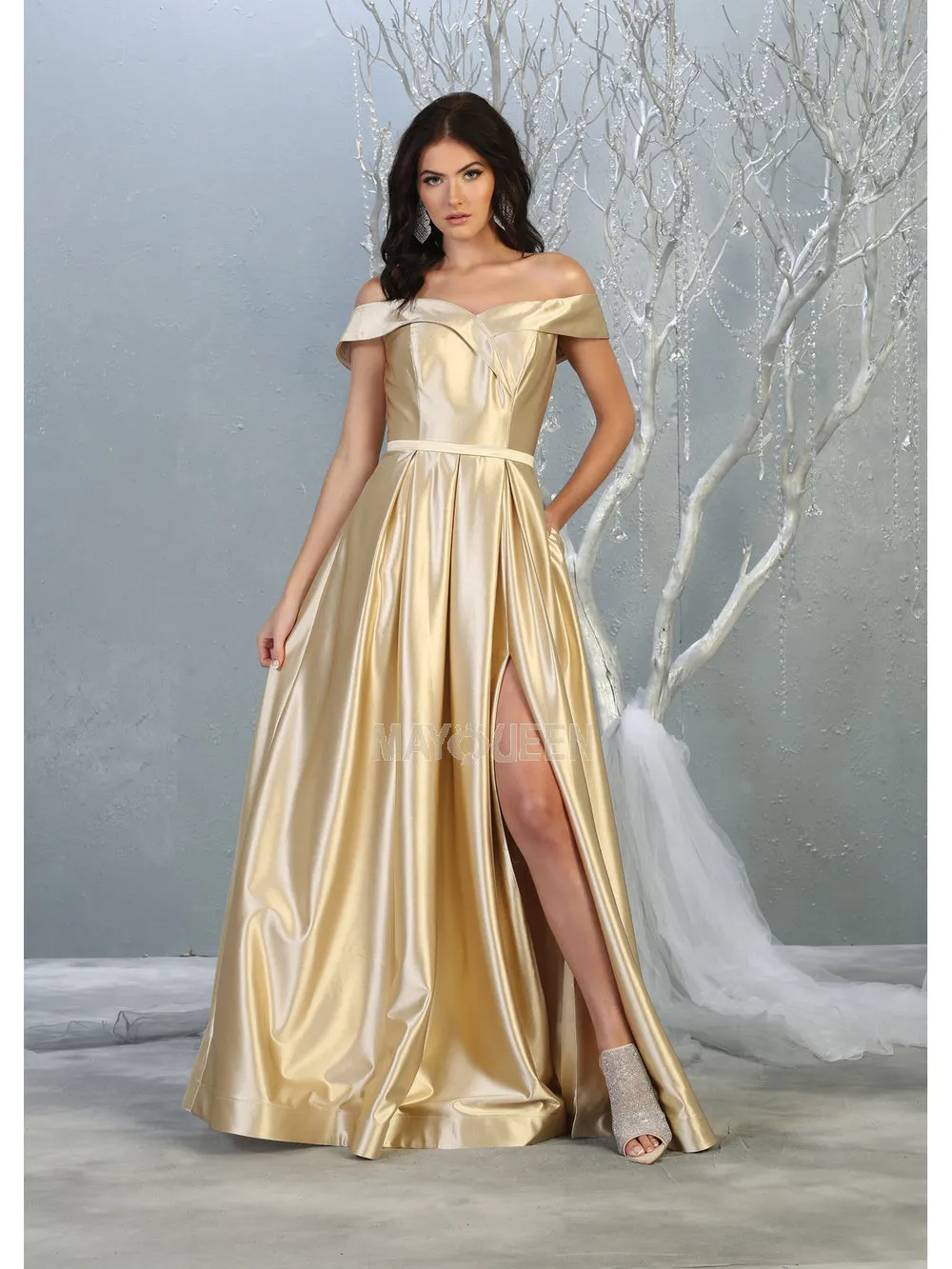 MQ 1781 - Off the Shoulder Satin A-Line Prom Gown with Pleated Skirt & Leg Slit