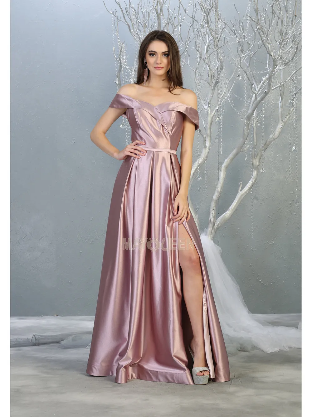 MQ 1781 - Off the Shoulder Satin A-Line Prom Gown with Pleated Skirt & Leg Slit