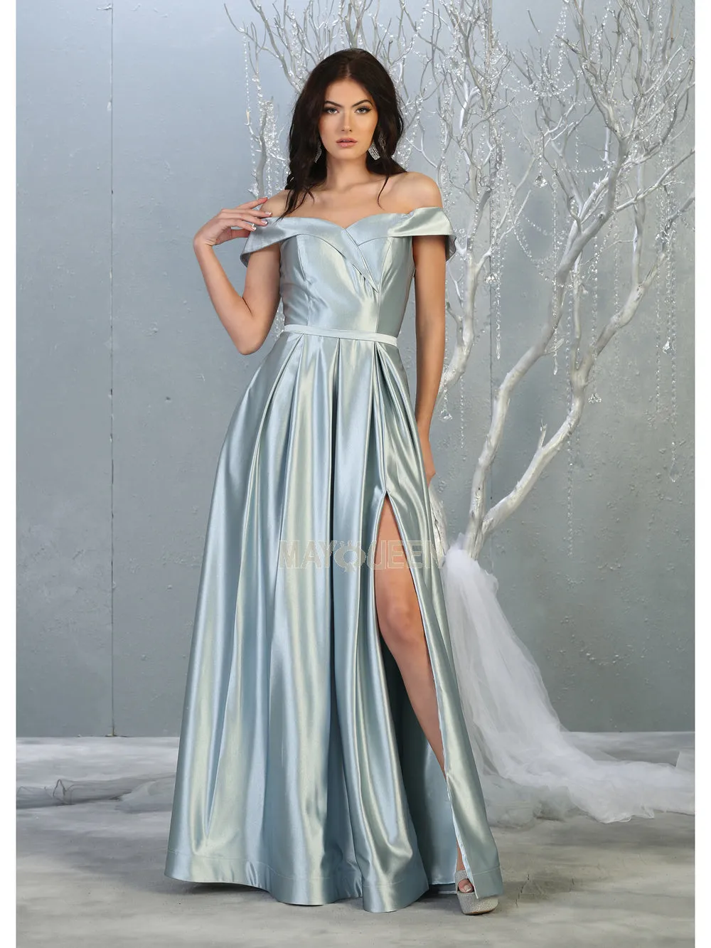 MQ 1781 - Off the Shoulder Satin A-Line Prom Gown with Pleated Skirt & Leg Slit
