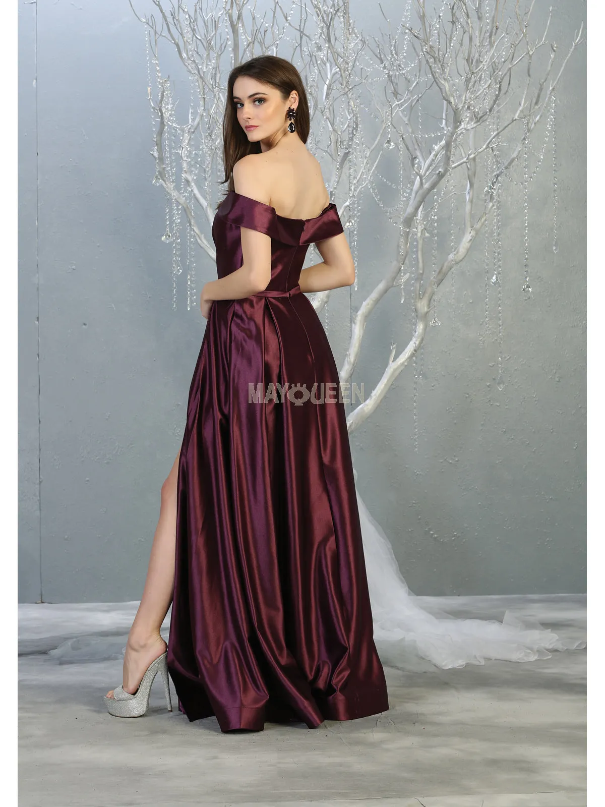 MQ 1781 - Off the Shoulder Satin A-Line Prom Gown with Pleated Skirt & Leg Slit