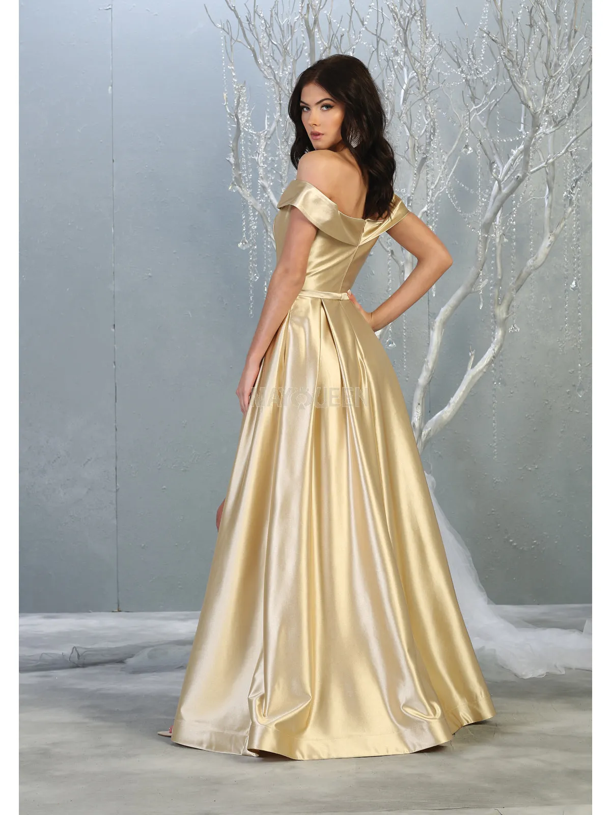 MQ 1781 - Off the Shoulder Satin A-Line Prom Gown with Pleated Skirt & Leg Slit