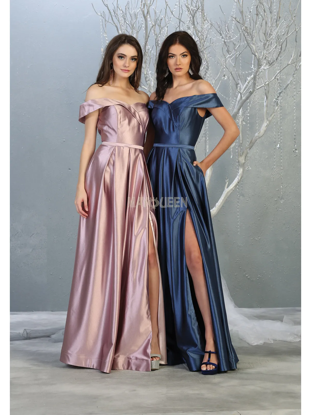 MQ 1781 - Off the Shoulder Satin A-Line Prom Gown with Pleated Skirt & Leg Slit