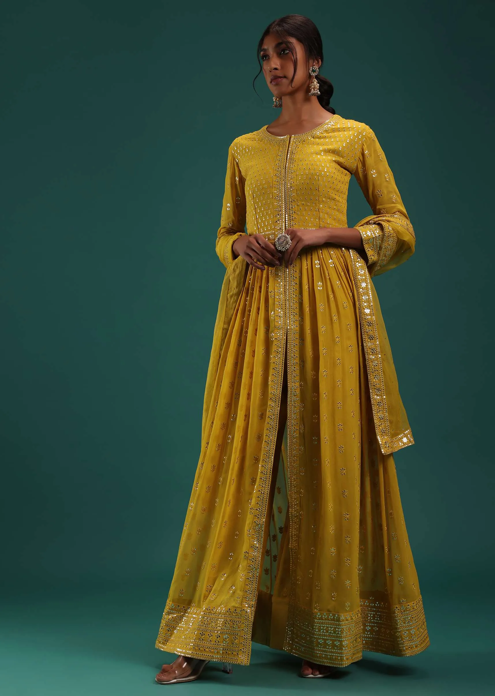 Mustard Yellow Embellished Front Cut Anarkali And Pant Set