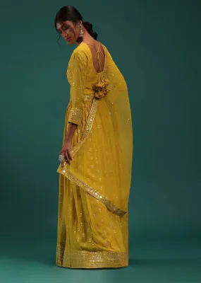 Mustard Yellow Embellished Front Cut Anarkali And Pant Set