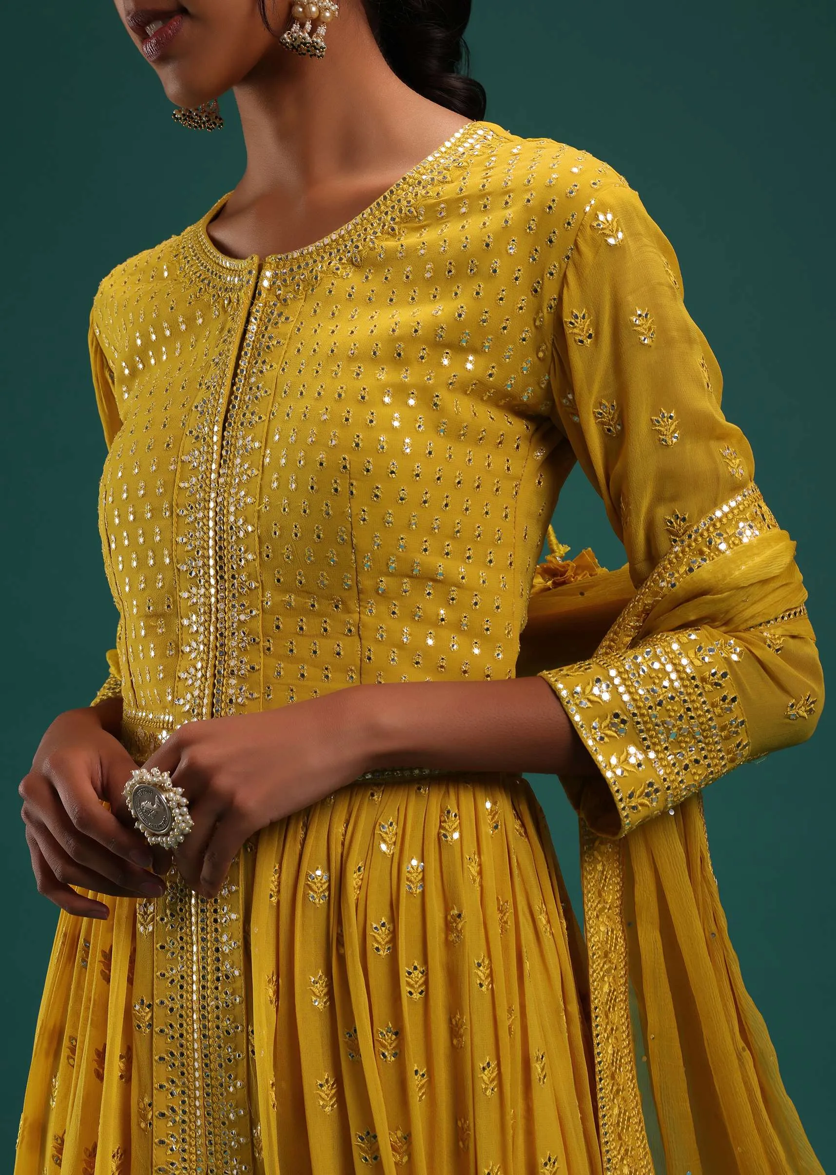 Mustard Yellow Embellished Front Cut Anarkali And Pant Set