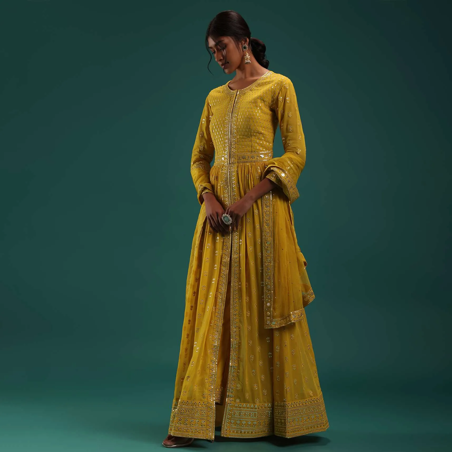 Mustard Yellow Embellished Front Cut Anarkali And Pant Set