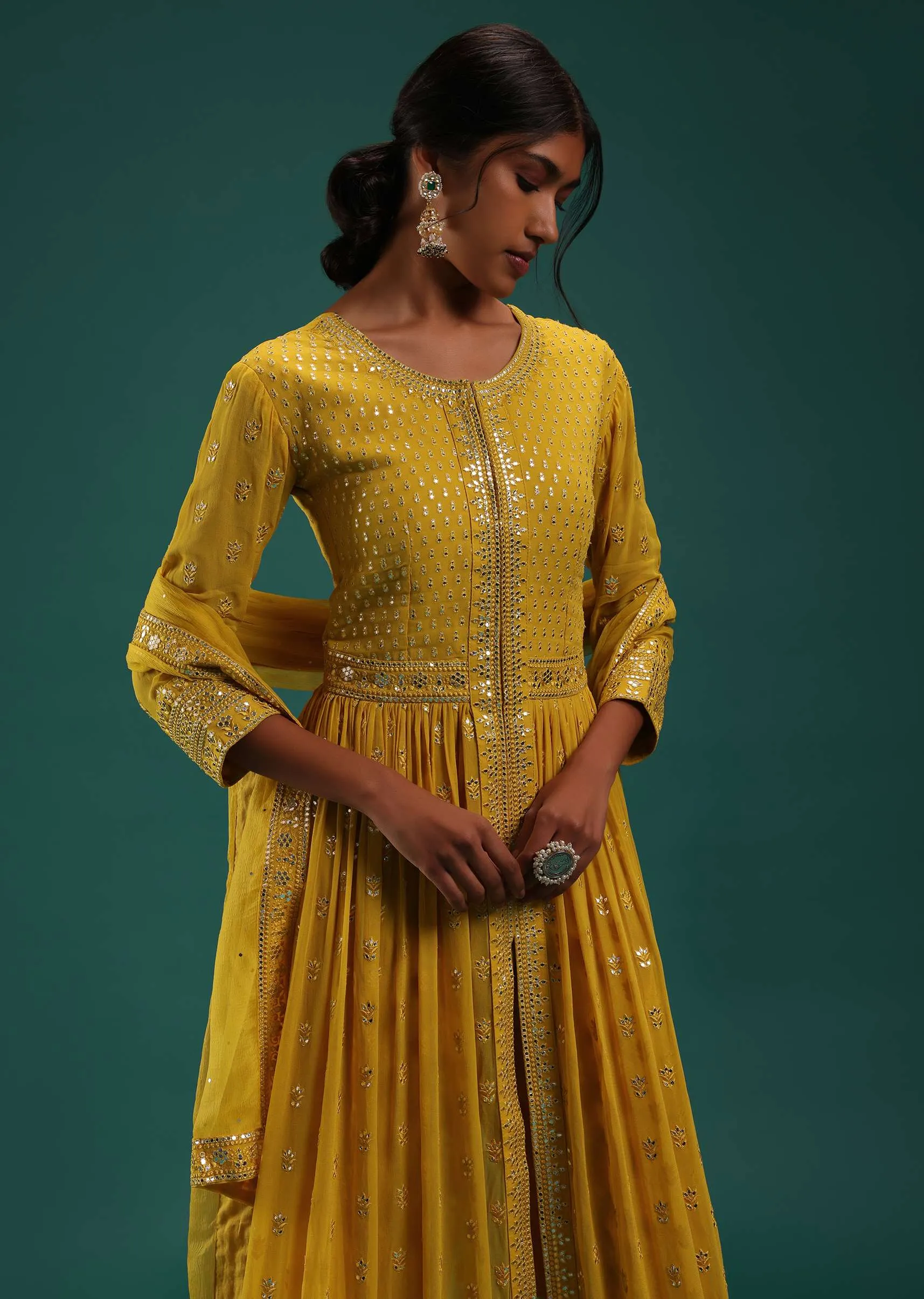 Mustard Yellow Embellished Front Cut Anarkali And Pant Set