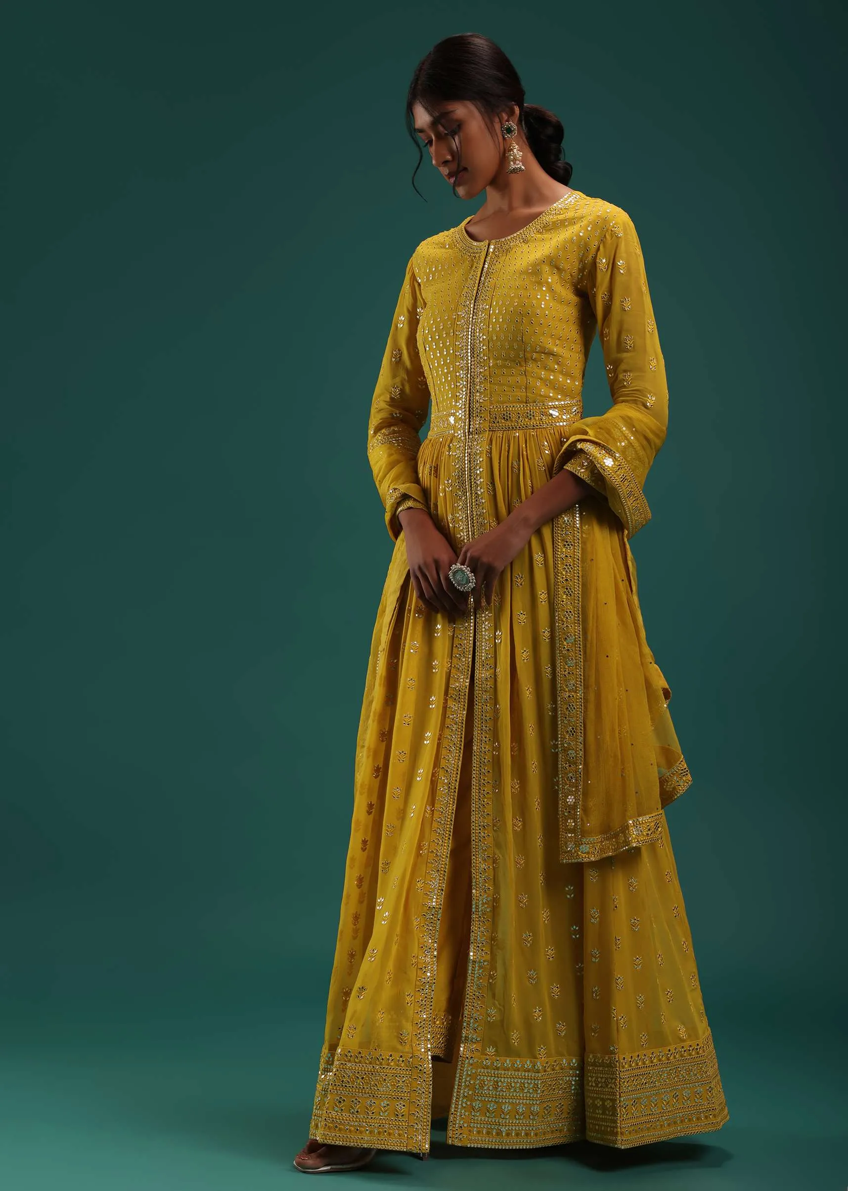 Mustard Yellow Embellished Front Cut Anarkali And Pant Set