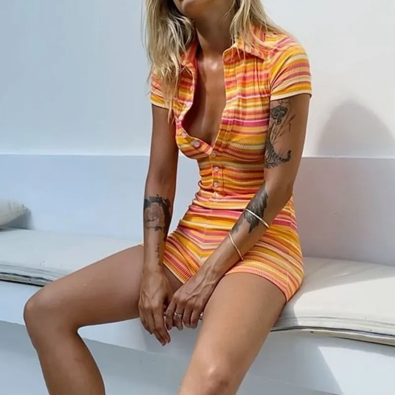Orange Candy Striped Button Up Romper