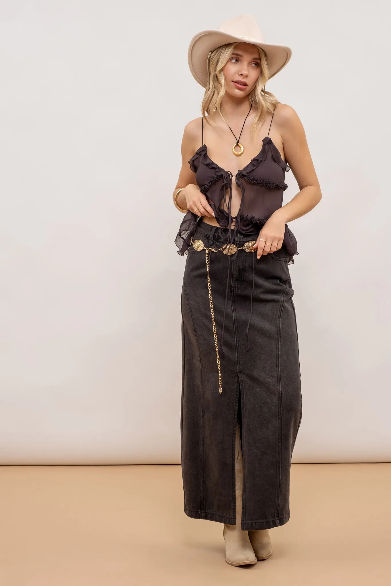 PANELED DENIM MIDI SKIRT