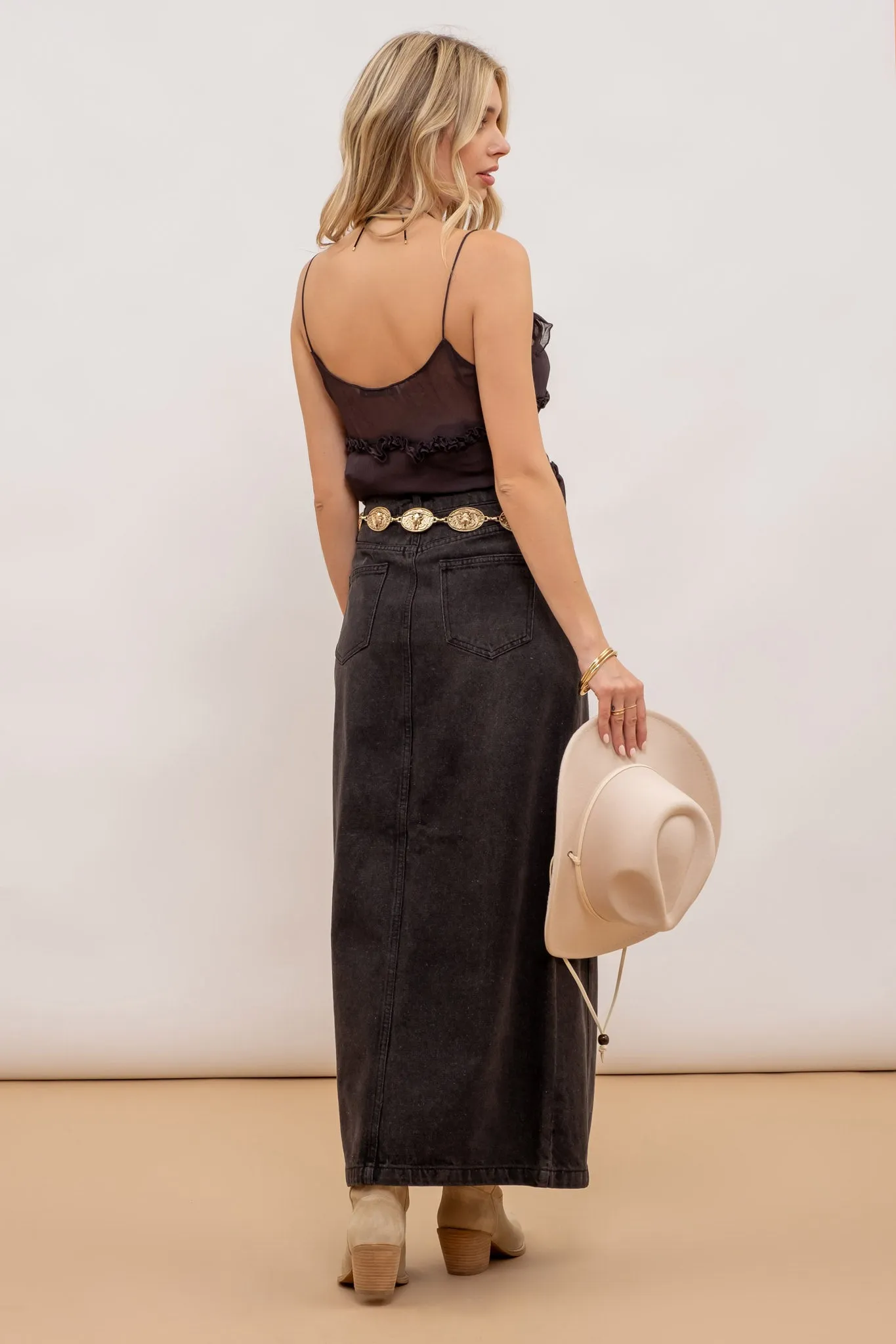 PANELED DENIM MIDI SKIRT