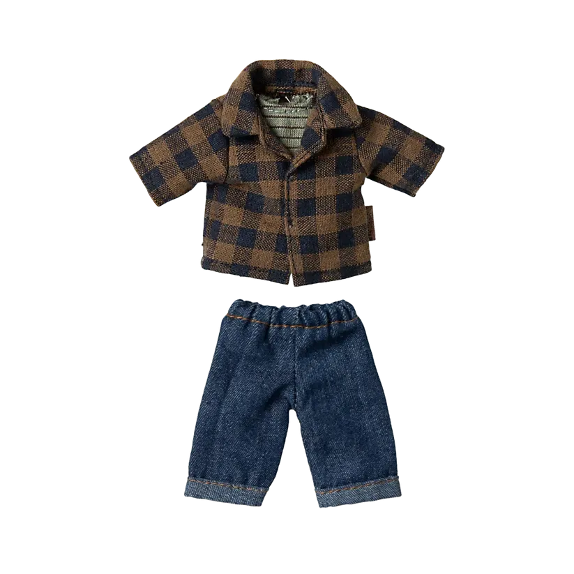 Pre Order Maileg brown checked shirt and pants, dad mouse