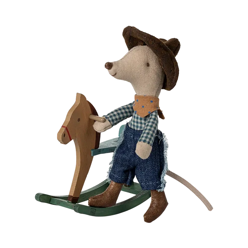 Pre Order Maileg cowboy mouse on rocking horse, little brother