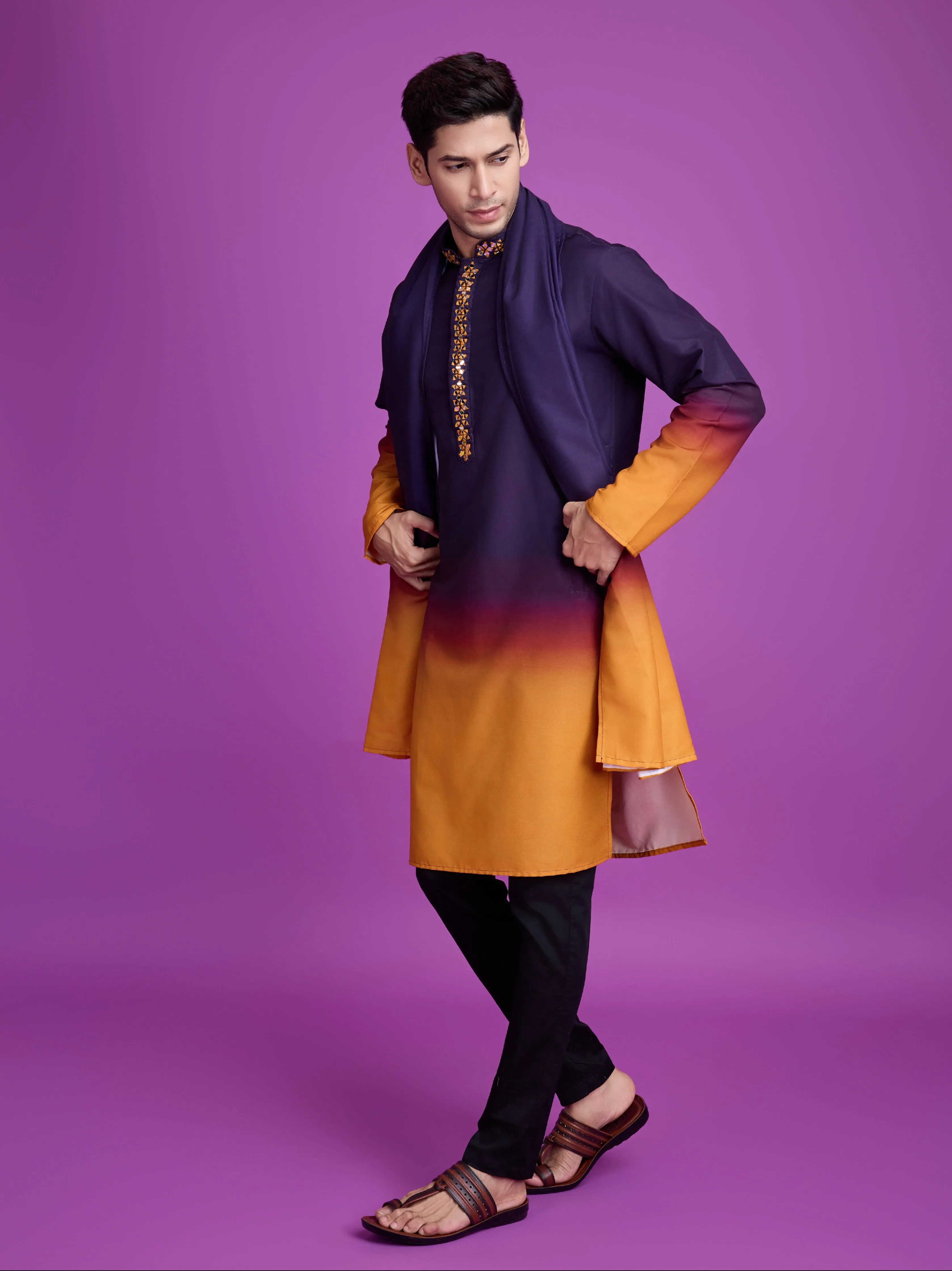Purple & Mustard Kurta Dupatta Set with Hand Mirror Work