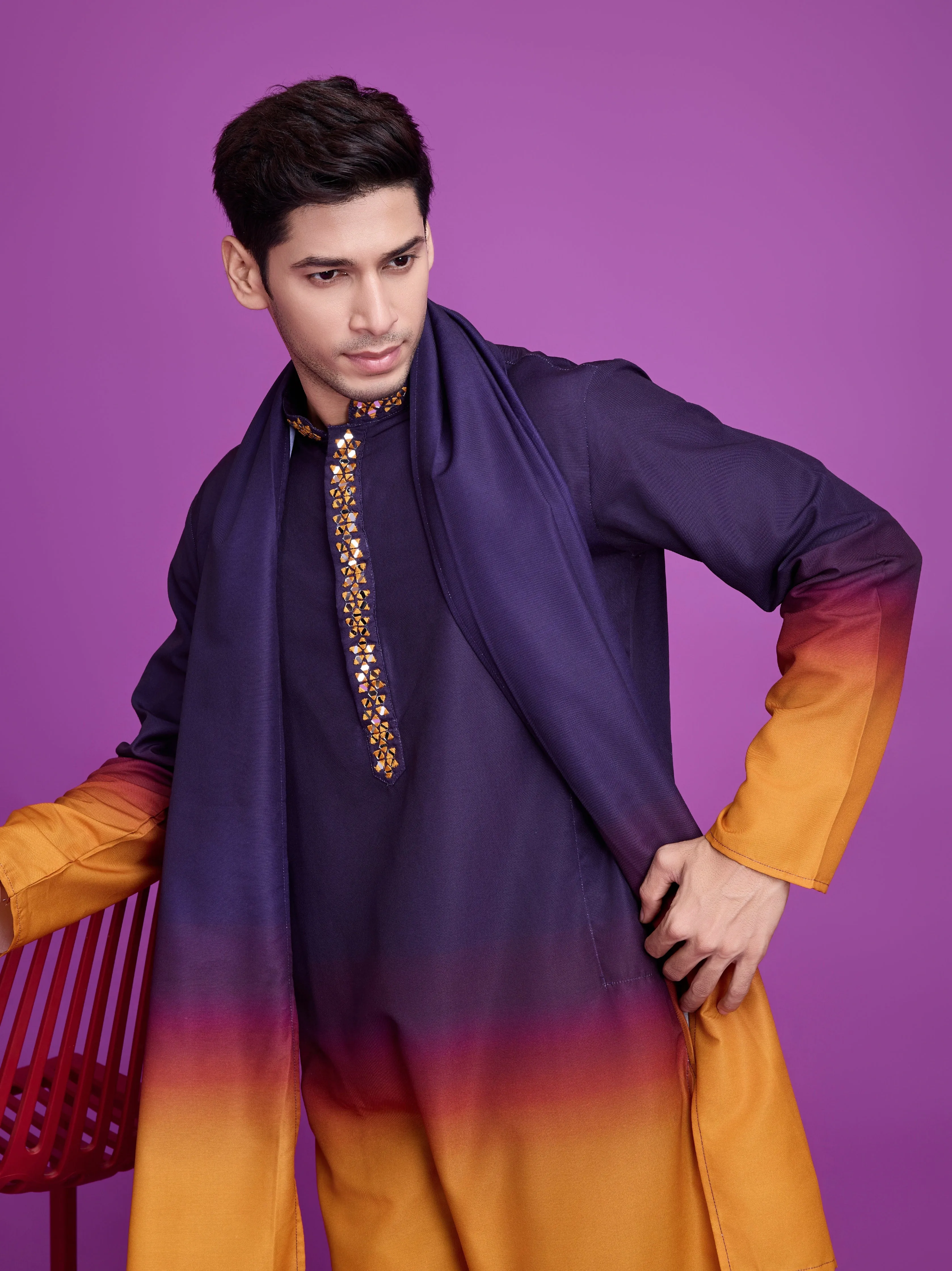 Purple & Mustard Kurta Dupatta Set with Hand Mirror Work