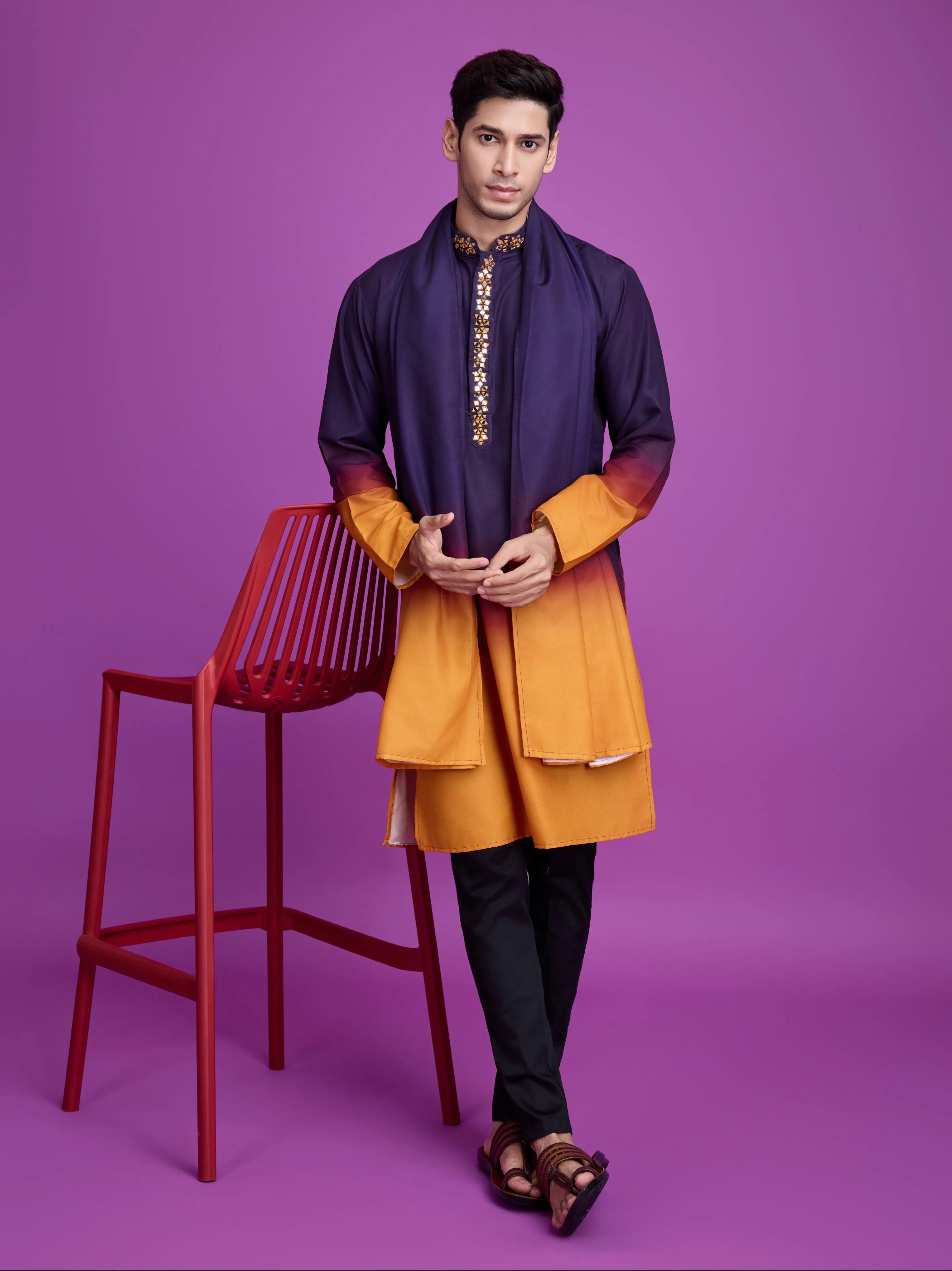 Purple & Mustard Kurta Dupatta Set with Hand Mirror Work