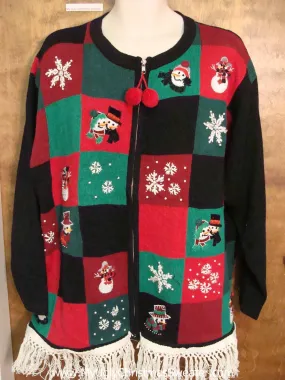 Red, Green and Black Ugly Christmas Sweater with Fringe