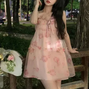 Roses and Petals and Thorns Pink Floral Mini Dress      Goth            Dress Dark Academia Kawaii Academia Y2K Cottagecore Coquette Fairycore Dollette Princesscore