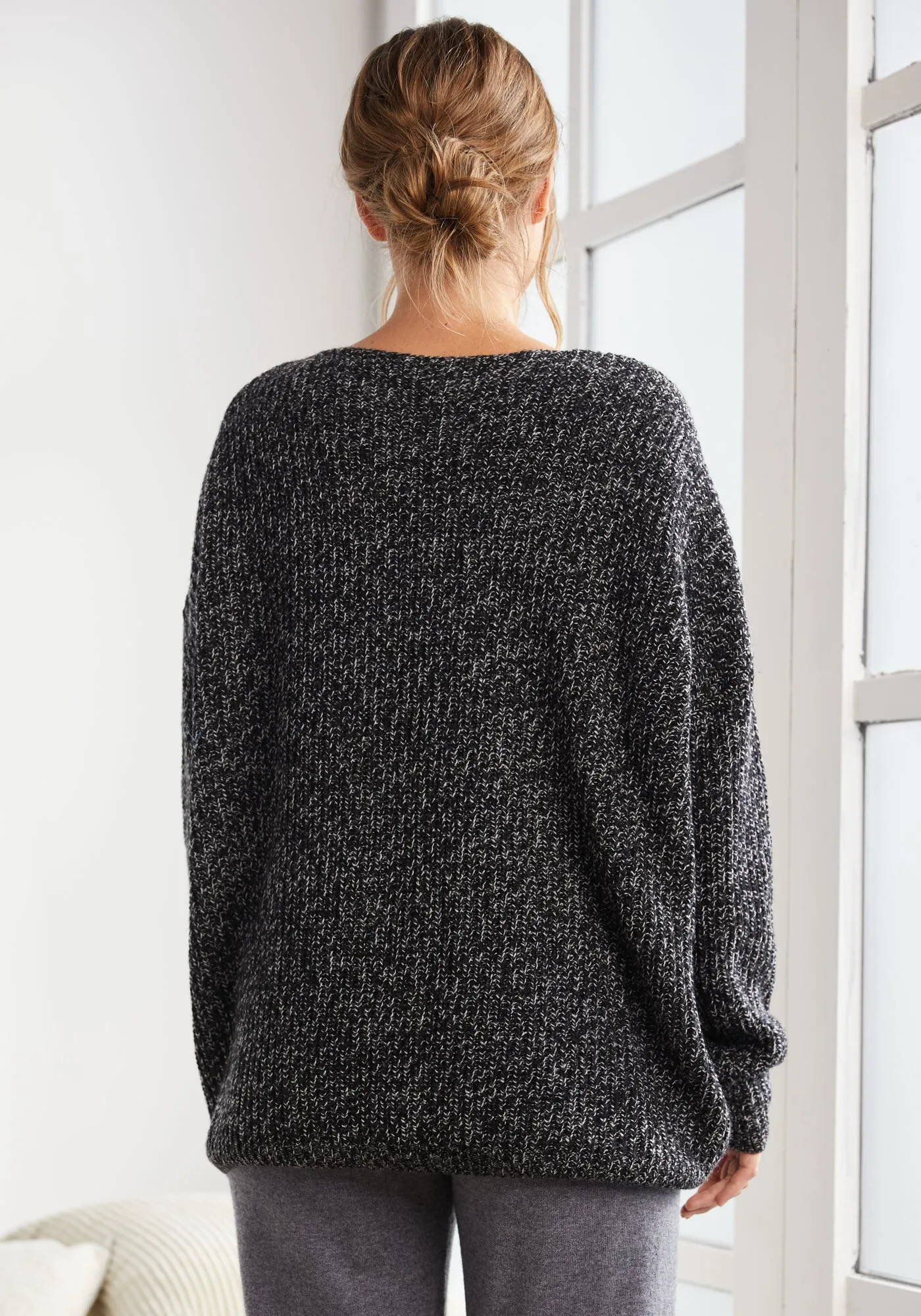 Slouchy V-Neck Sweater (Speckled Black)