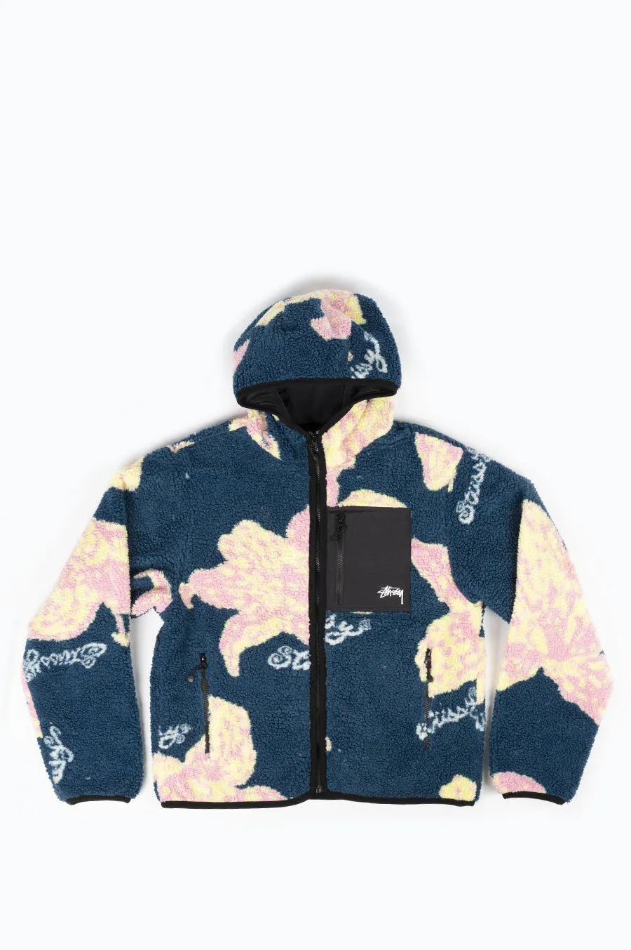 STUSSY FLORAL SHERPA HOODIE JACKET DARK TEAL