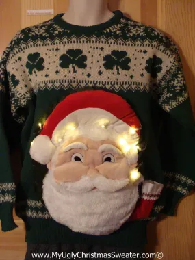 Tacky 3D Ugly Christmas Sweater Mens Puffy Santa with Lights. Irish Shamrocks on front and back.  (A57)