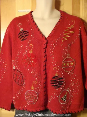 Tacky Bling Ugly Christmas Sweater with Bead Accented Ornament Decorations (f730)